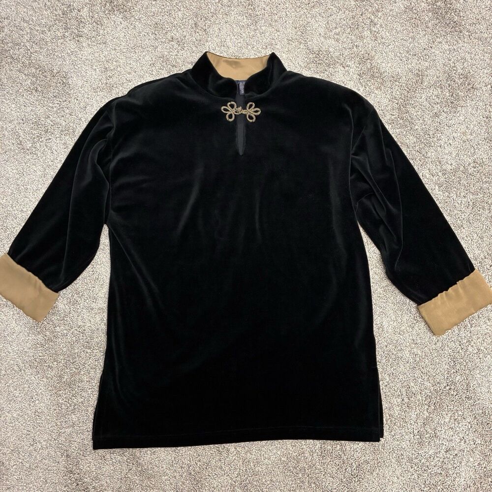 LIZ SPORT Velvet Shirt Women’s Small Black Gold Detail Velour Asian Long Slv VTG